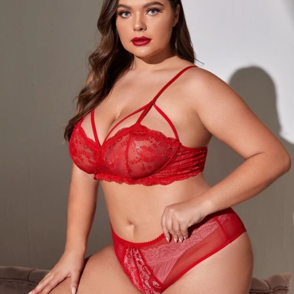 ***SOLD*** Plus Size Red Lace Mesh Lingerie Set - Picture 2 of 4